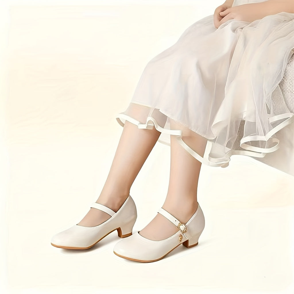 Girls Glossy Mary Jane Dress Shoes with Round Toe and Low Heel, Soft PU Party Shoes with Easy Strap Fastening in Black or White for Weddings and Celebrations