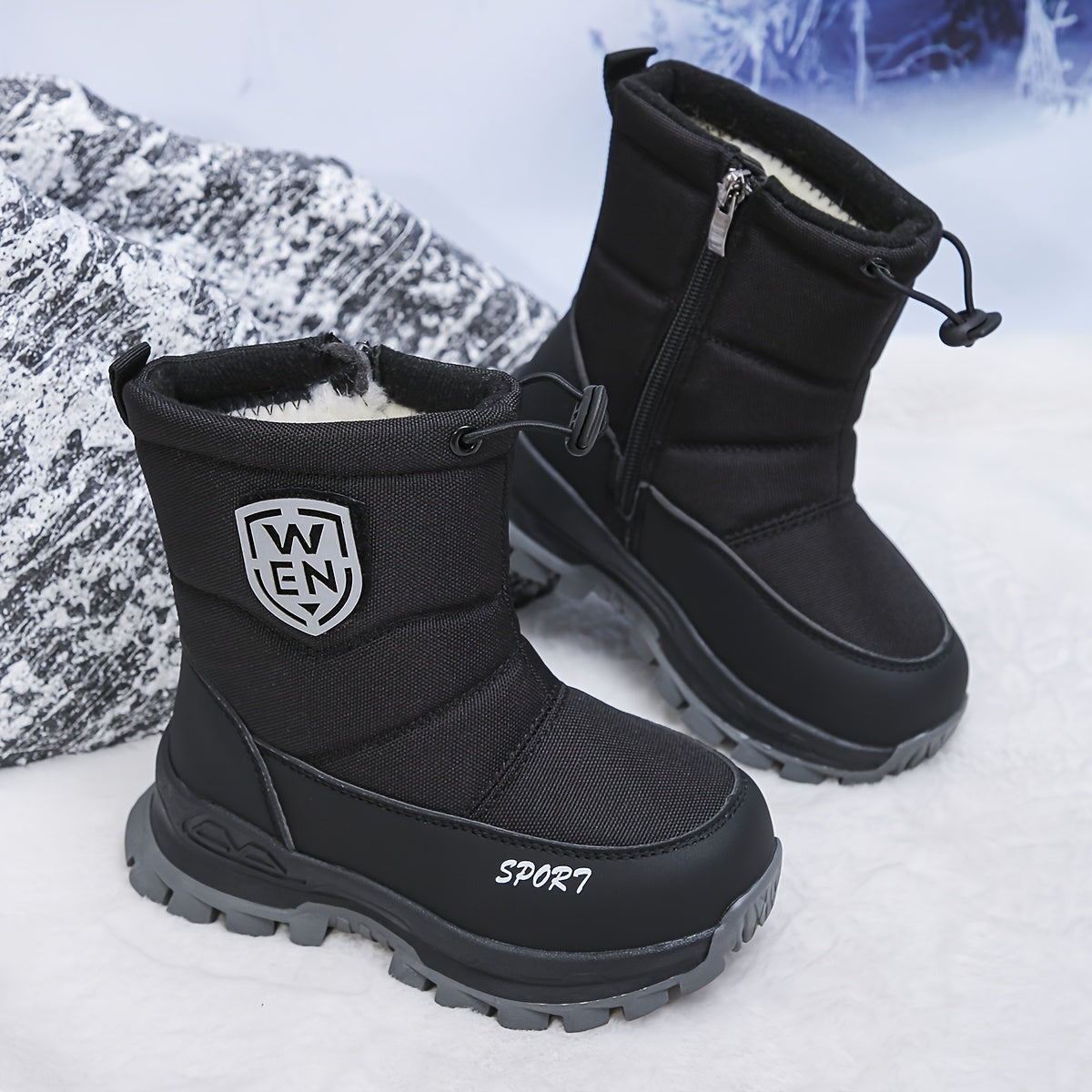 Fleece-Lined Kids Winter Snow Boots - Waterproof Nylon Upper, Anti-Slip Thick Sole, Zip & Drawstring Closure for Boys & Girls, Warm Outdoor Winter Footwear with Durable Rubber Sole