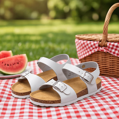 Kids Cork-Style Beach Sandals with Buckle, Lightweight Slip-On Summer Shoes in White, Black or Silvery Grey for Little Kids and Big Kids