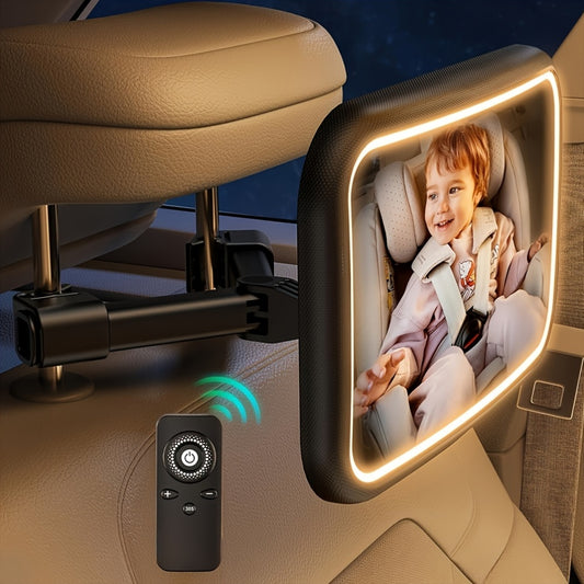 Baby Car Mirror with Light and Remote Control, Rechargeable Back Seat View Mirror with 175° Convex Lens and 30-Second Night Check Mode