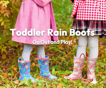 Easy-On Kids Rain Boots with Pull-Up Handles, Soft PVC Toddler to Big Kid Boots with Rainbow Unicorn and Color Options for Rainy Days and Outdoor Play