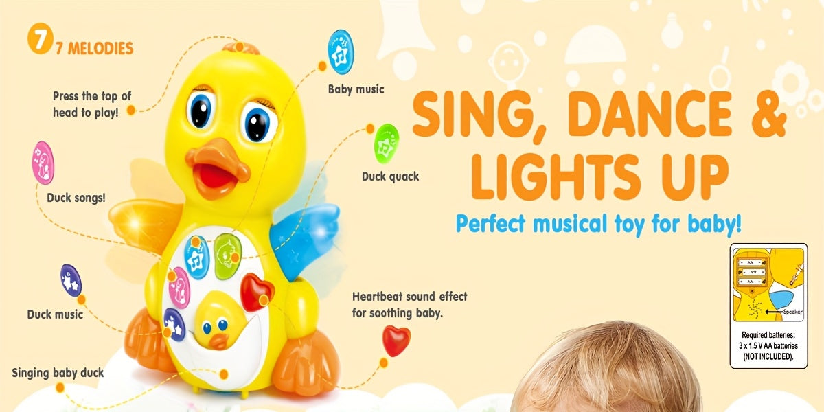 Dancing Musical Duck Toy with Lights and 7 Melodies, Yellow Interactive Activity Toy for Supervised Floor Play, Requires 3 AA Batteries