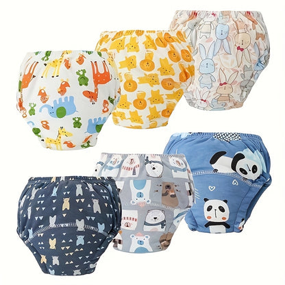 Animal Print Potty Training Underwear 6-Pack, Reusable Cotton Toddler Learning Pants with Absorbent Crotch and Pull-On Elastic Waist for Boys and Girls