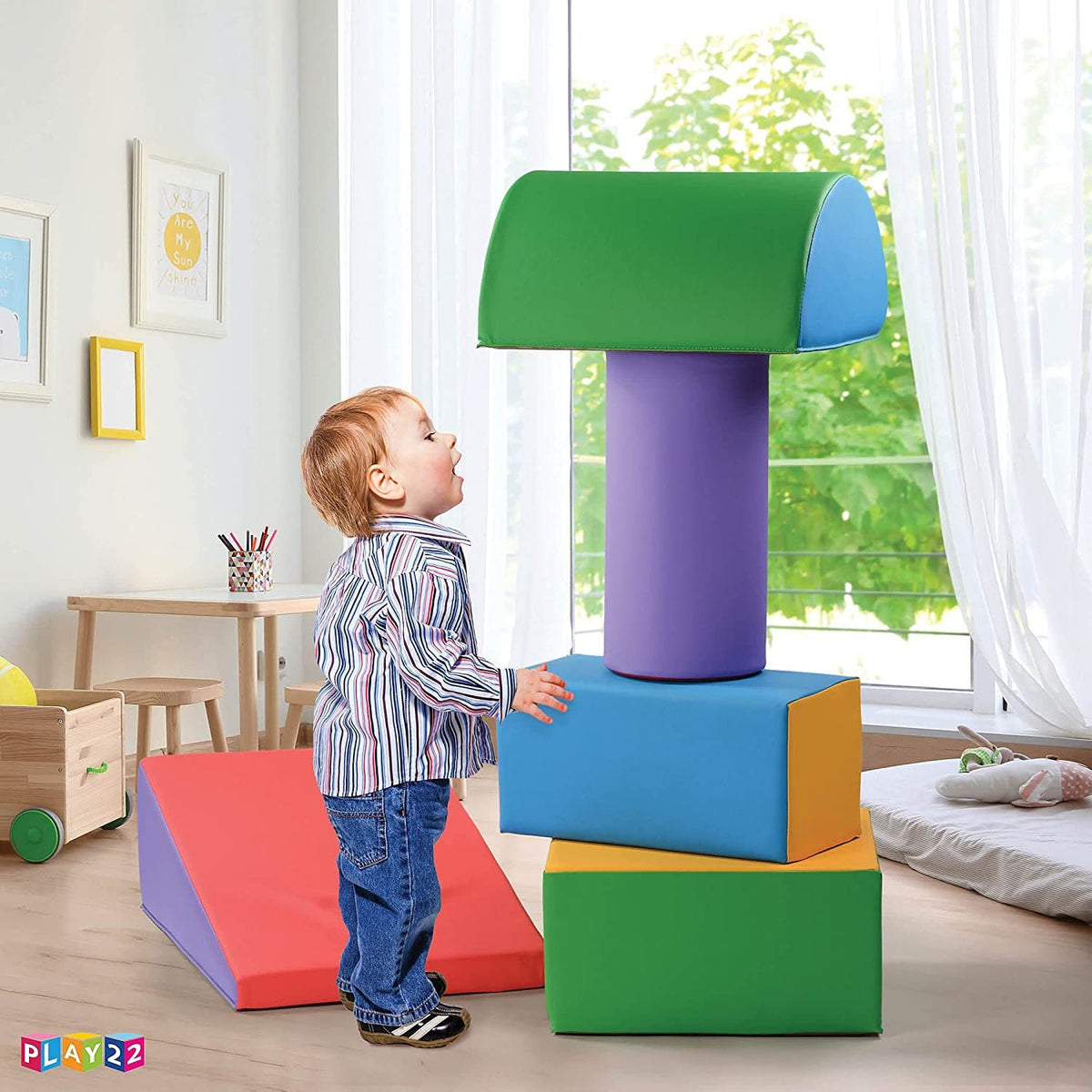 Toddler Foam Climbing Blocks, 5-Piece Play22USA Soft Climb-and-Crawl Set with Non-Slip Bottoms and Wipe-Clean Shapes for Active Play