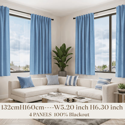 Blue Nursery Blackout Curtains 4-Panel Set, 52 x 63 Inch Coated-Lining Window Drapes with Four Hanging Methods for Bedroom Privacy