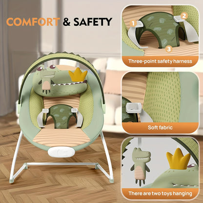 Foldable Infant Bouncer Seat with Hanging Toy Arch, Pink Crown or Green Crocodile Design for Supervised Awake Play, Listed Up to 20 lbs