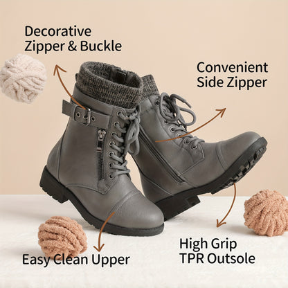 Girls' Lace-Up Western Boots, Mid-Calf Cowboy Style with Round Toe, PU/Fabric Upper and TPR Sole for Fall & Winter, Toddler, Little Kid & Big Kid Sizes