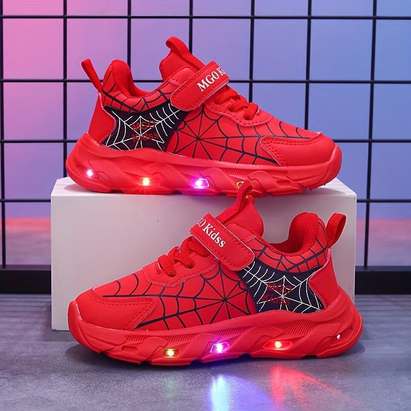 Boys LED Light-Up Mesh Sneakers with Spider-Inspired Design, Red Blue or Black Casual Running Shoes for Toddler, Little Kid and Big Kid Sizes