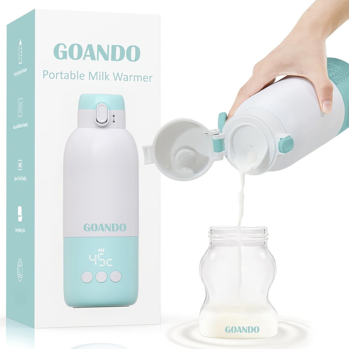 Rechargeable Travel Milk Warmer by GOANDO, 12 oz Cordless 80W Flask with 316 Stainless Steel Interior, Temperature Control, LED Display and Safety Lock