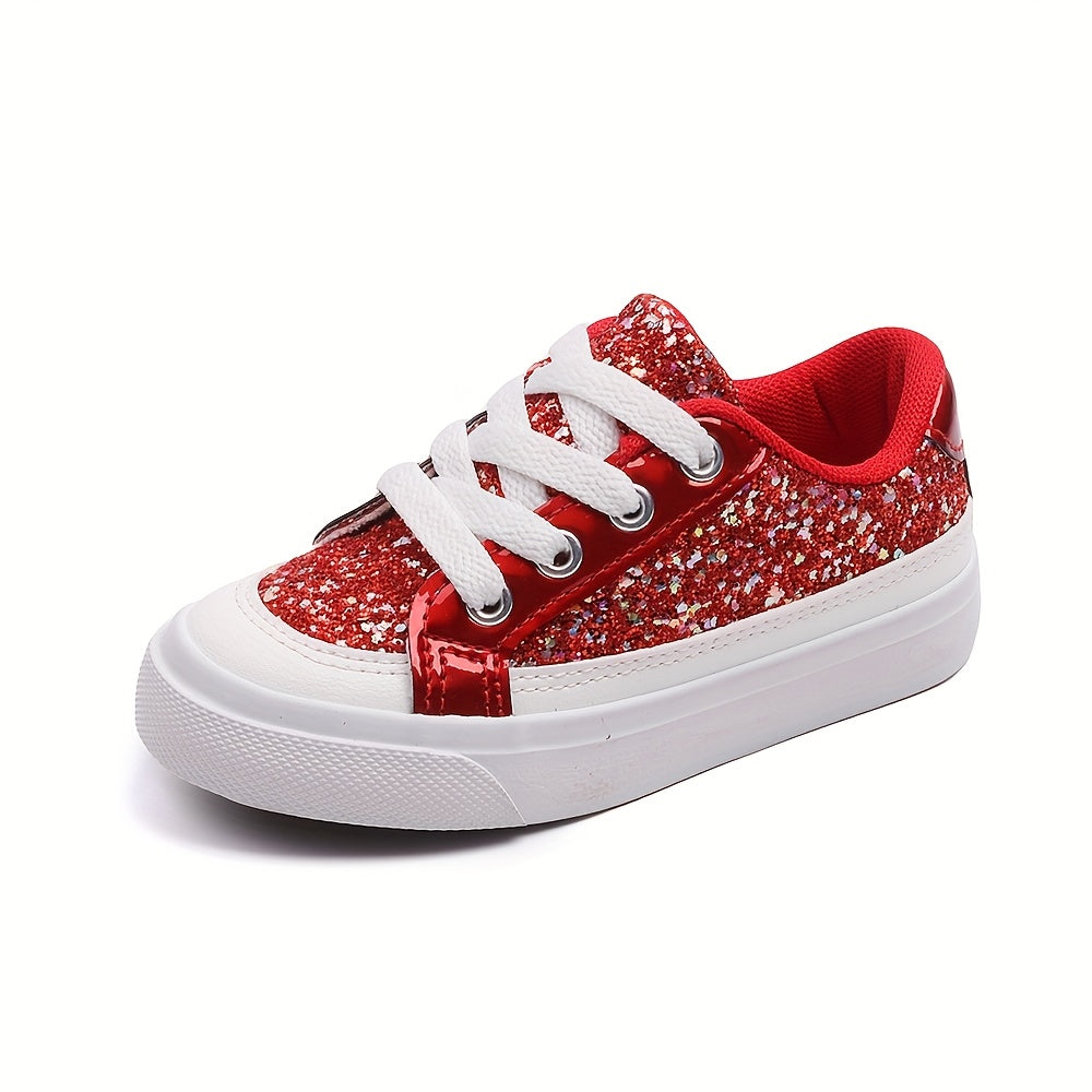 Kids Glitter Lace-Up Sneakers in Red, Low-Top Sequin Skate-Style Shoes with Soft Breathable Lining for School Outfits, Parties and Spring Fall Casual Wear
