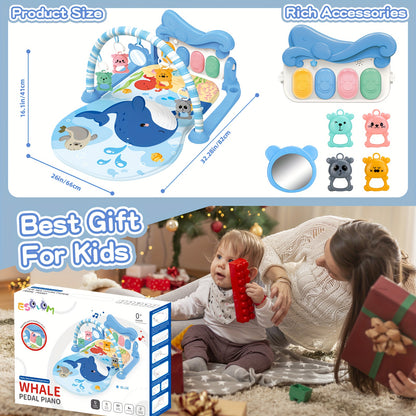 Kick and Play Piano Baby Activity Mat in Blue with Light-Up Keys, 4 Detachable Sensory Toys and Mirror for Newborn Tummy Time and Floor Play