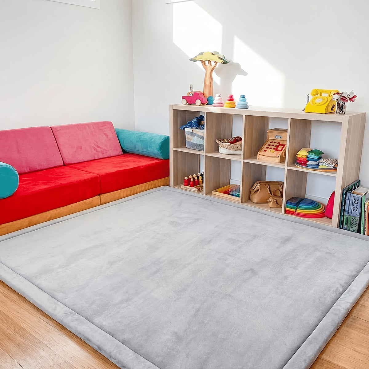 Cushioned Velvet Tummy-Time Play Mat, 1.3-Inch Non-Slip Waterproof Crawling Pad for Infants and Toddlers, Four Playpen Size Options