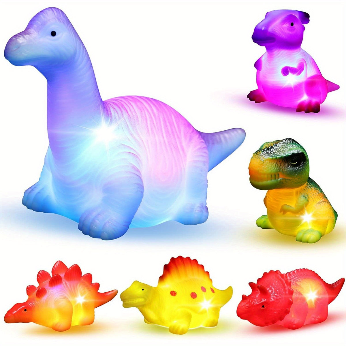 Light-Up Dinosaur Bath Toys 6-Pack, Water-Activated No-Hole Dinosaur Figures in Random Colors for Supervised Bathtub and Water Play