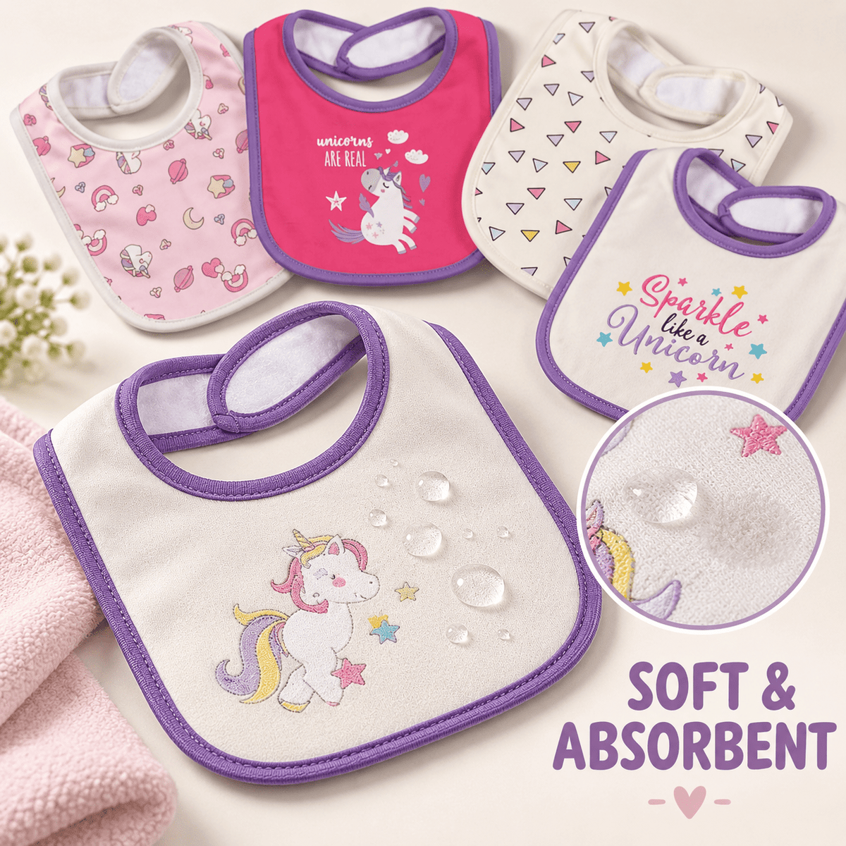 Double-Layer Cotton Baby Bibs 5-Pack with Cartoon Designs, Absorbent Adjustable Feeding Bib Set for Boys and Girls Ages 0–3 Years