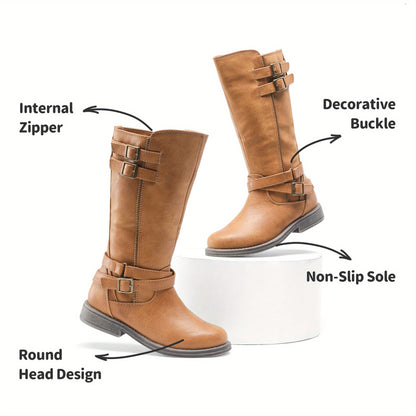 Double-Buckle Knee-High Sweater Riding Boots for Girls - Fashionable Tall Boots with Adjustable Buckle Straps, Assorted Colors, Comfortable Fit for Toddler, Little Kid & Big Kid