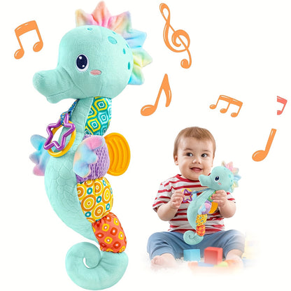 Seahorse Sensory Baby Toy with Crinkle and Rattle Textures, Soft Musical Stuffed Animal for Supervised Tummy Time and Newborn Gifts