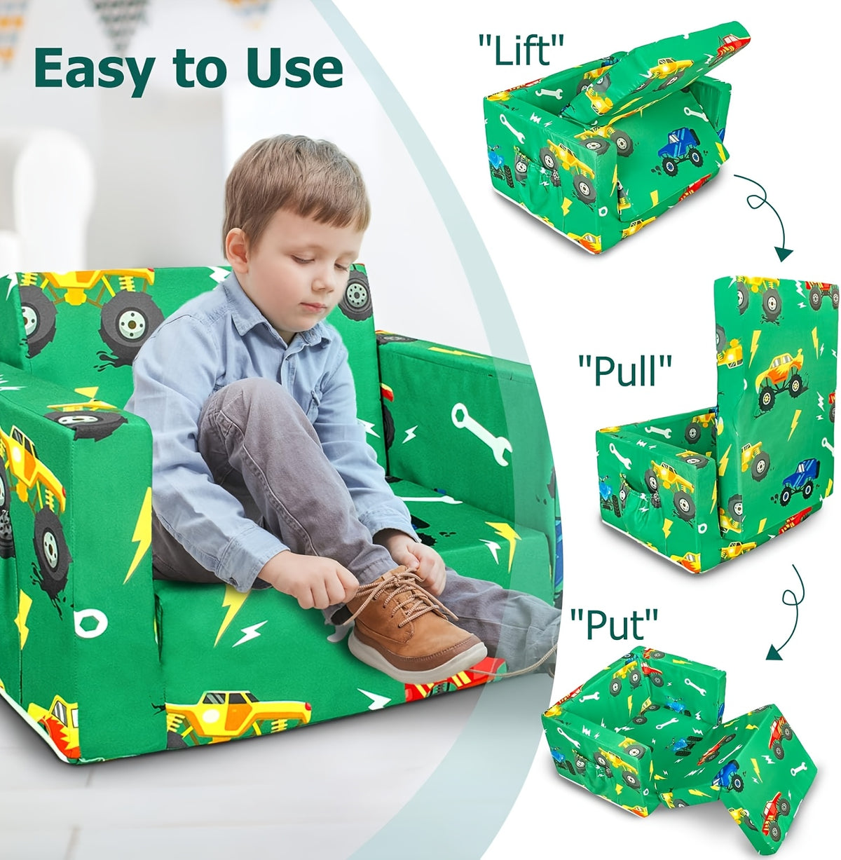 Convertible Kids Sofa Bed, 2-in-1 Fold-Out Toddler Couch and Lounge Chair with Removable Washable Cover for Reading and Playroom Relaxing