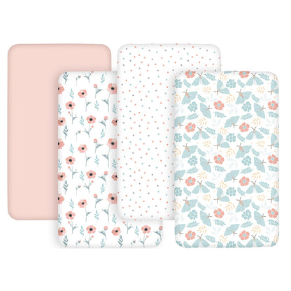 Baby Bassinet Fitted Sheets 4-Pack, 33 x 20 x 4 Inch Printed Nursery Bedding for Compatible Oval or Rectangular Mattresses, Sheets Only
