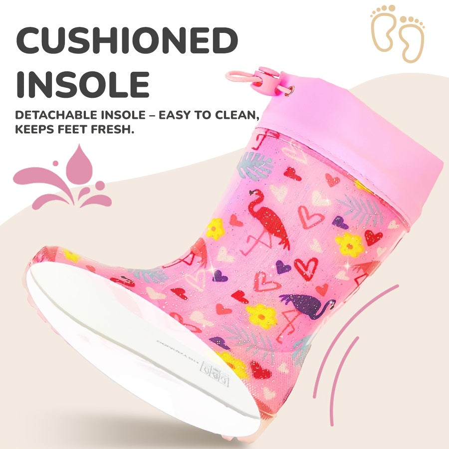 Pink Flamingo Rain Boots for Kids with Drawstring Cuffs, Soft Easy-Clean Design for Rainy-Day Outings, Toddler, Little Kid & Big Kid Sizes