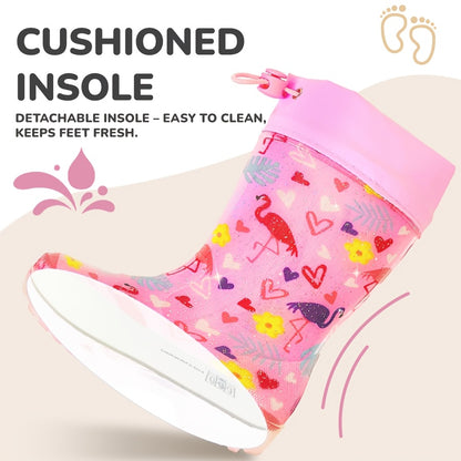 Pink Flamingo Rain Boots for Kids with Drawstring Cuffs, Soft Easy-Clean Design for Rainy-Day Outings, Toddler, Little Kid & Big Kid Sizes