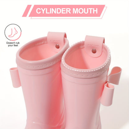 Girls Bow Rain Boots with Pull Tabs, Lightweight One-Piece Molded Toddler and Little Kid Boots in Pink, Burgundy, Dark Violet or Black for Rainy-Day Outings