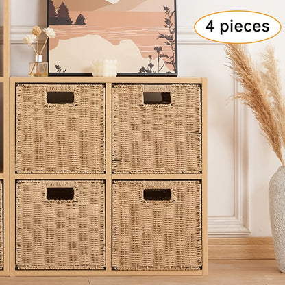 Paper Rope Storage Baskets with Handles, Foldable Handwoven 11 x 11 x 11 Inch Shelf Organizer Cubes for Nursery, Bedroom or Living Room