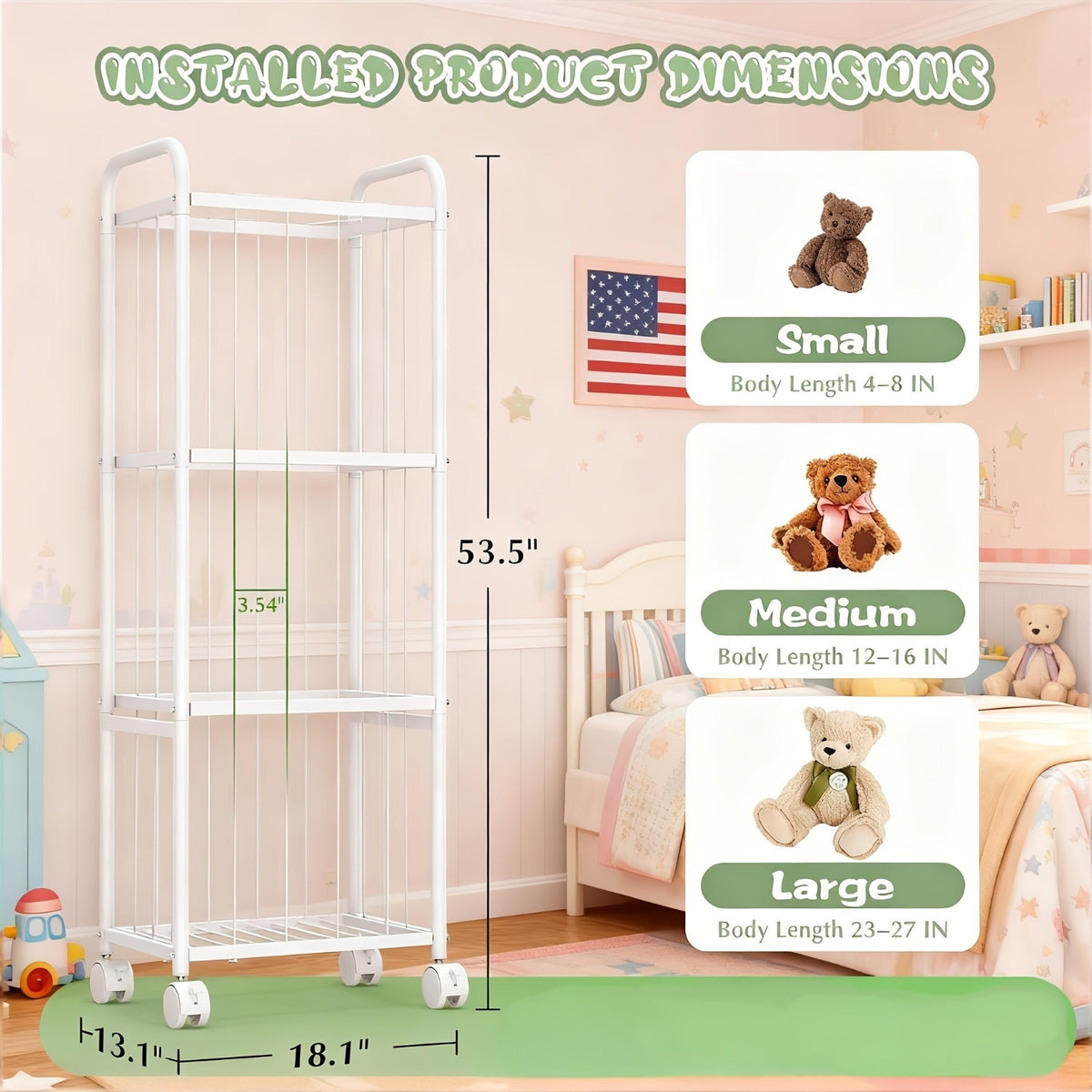 Stuffed Animal Zoo Storage Organizer with Braked Wheels, Extra-Large Metal Plush Toy Holder for Nursery, Kids Bedroom and Playroom, White