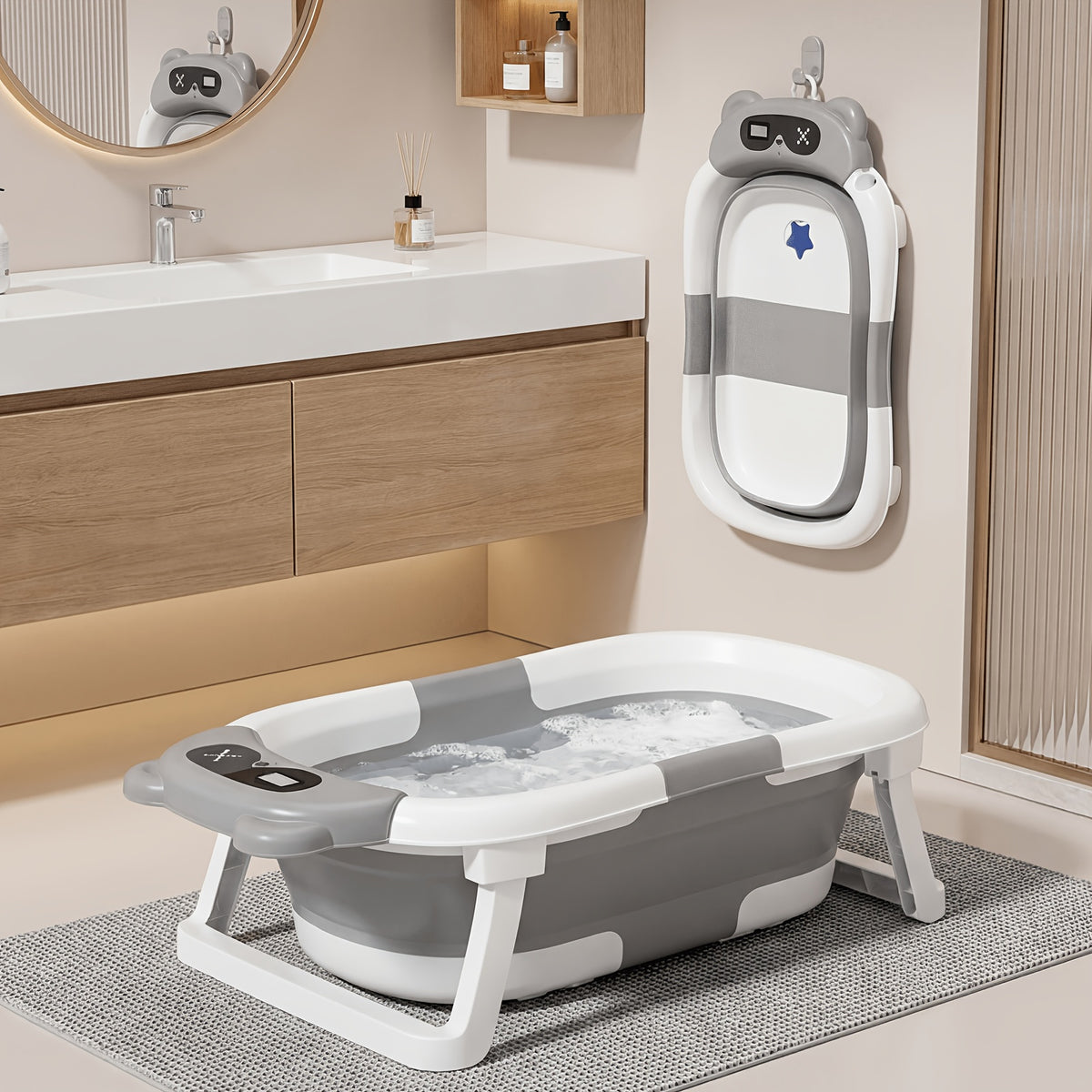 Folding Infant Bath Tub with Soft Cushion and Thermometer, Non-Slip Collapsible Baby Bathtub for Supervised Newborn-to-Toddler Bathing at Home or Travel