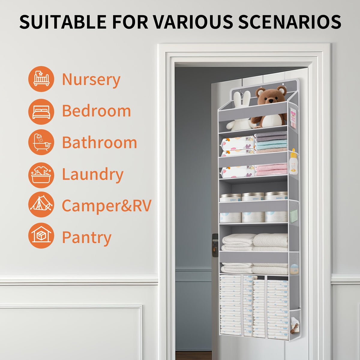 Swing-Proof Over the Door Organizer, 6-Shelf Hanging Storage with 6 Clear Front and 12 Side Pockets, Holds Up to 50LB, No-Drill Behind Door Storage for Nursery, Closet, Bedroom and Bathroom