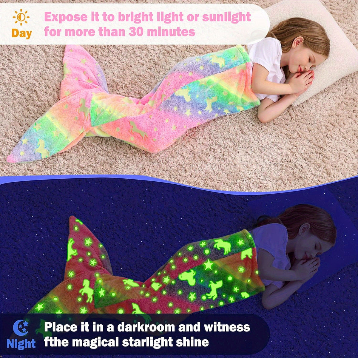 Mermaid Tail Blanket for Girls, Soft Polyester Knit Fish Tail Throw with Colorful Tie-Dye Unicorn-Inspired Design for Cozy Reading and Gift Giving