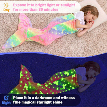 Mermaid Tail Blanket for Girls, Soft Polyester Knit Fish Tail Throw with Colorful Tie-Dye Unicorn-Inspired Design for Cozy Reading and Gift Giving