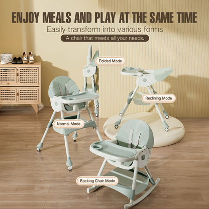 Double Tray Baby High Chair, Adjustable PU Leather Dining Seat with Five-Point Harness and Detachable Two-Layer Tray for Home Mealtimes