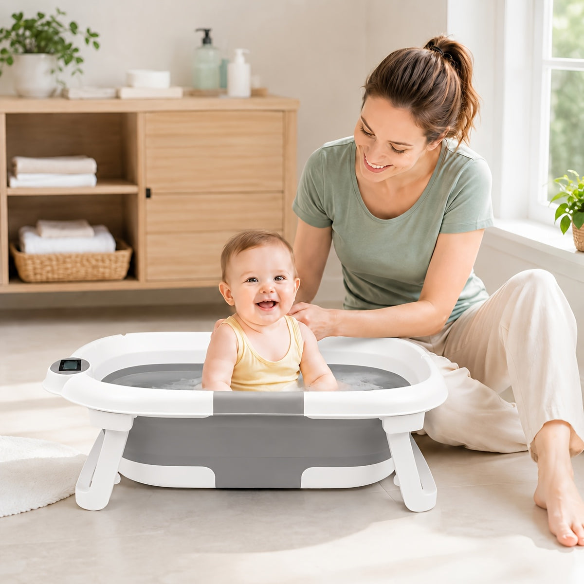 Space-Saving Baby Bath Tub with Soft Cushion and Thermometer, Foldable Portable Bathtub for Supervised Bath Time at Home and Travel