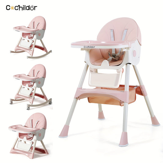 Adjustable Baby Dining Chair with Tray, Convertible Folding High Chair with Multi-Position Backrest and 5-Point Harness for Home Meals and Outings