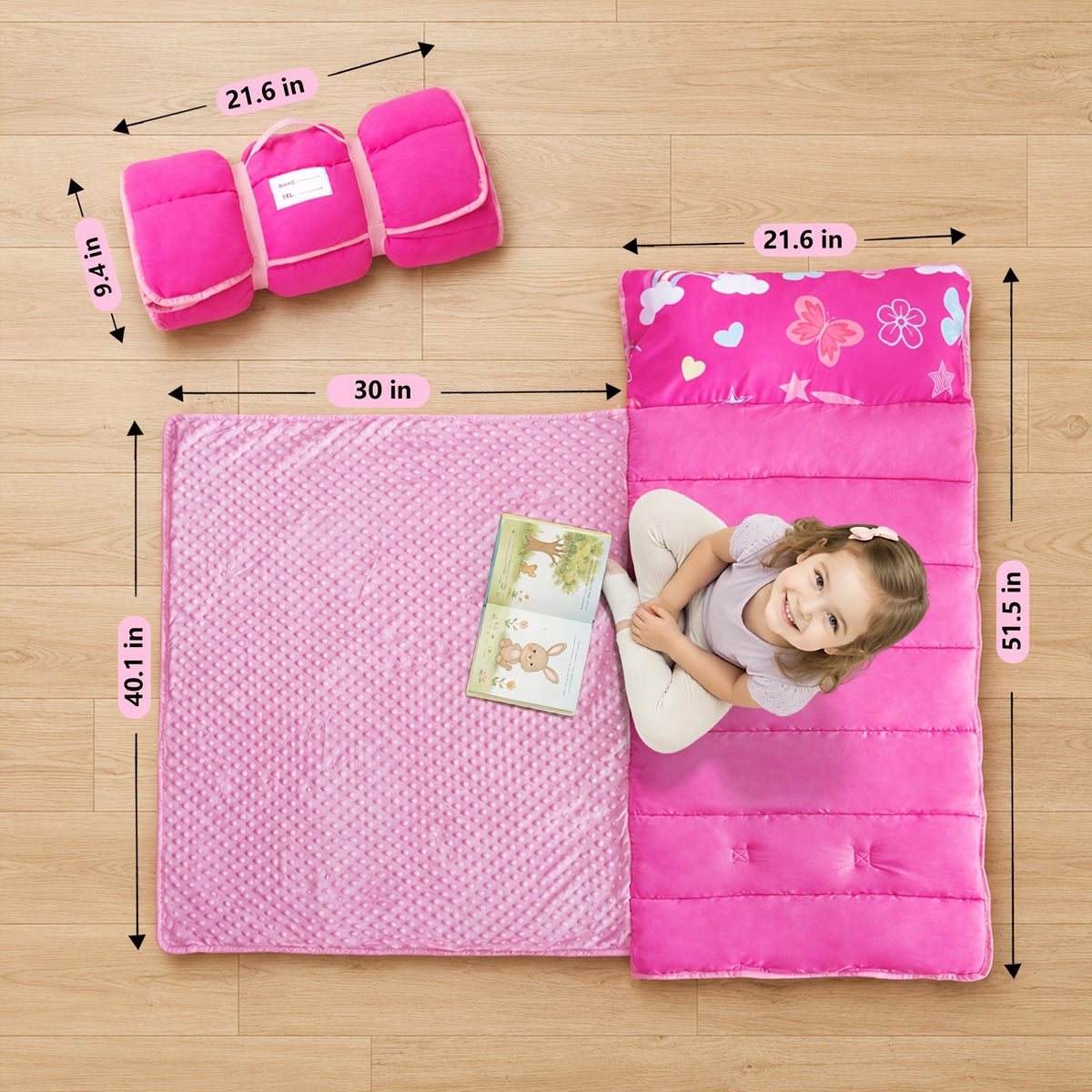 Portable Nap Mat for Preschool and Daycare by Primlect, Foldable Minky Dot Rest Mat with Built-In Pillow and Machine-Washable Design for Kids