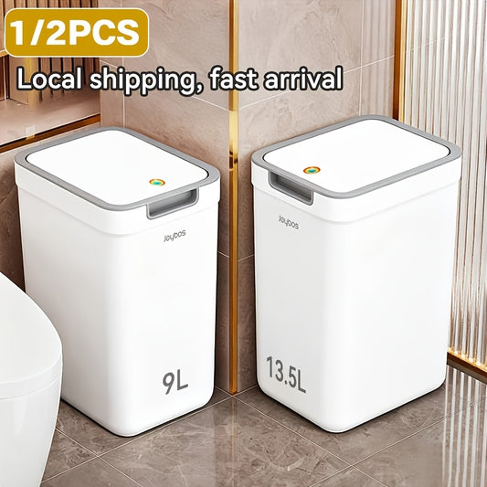 Push-Lid Bathroom Trash Can Set, Slim Plastic Waste Bins for Small Spaces with Removable Bag Rings, 2.4 and 3.6 Gallon Sizes for Home or Office