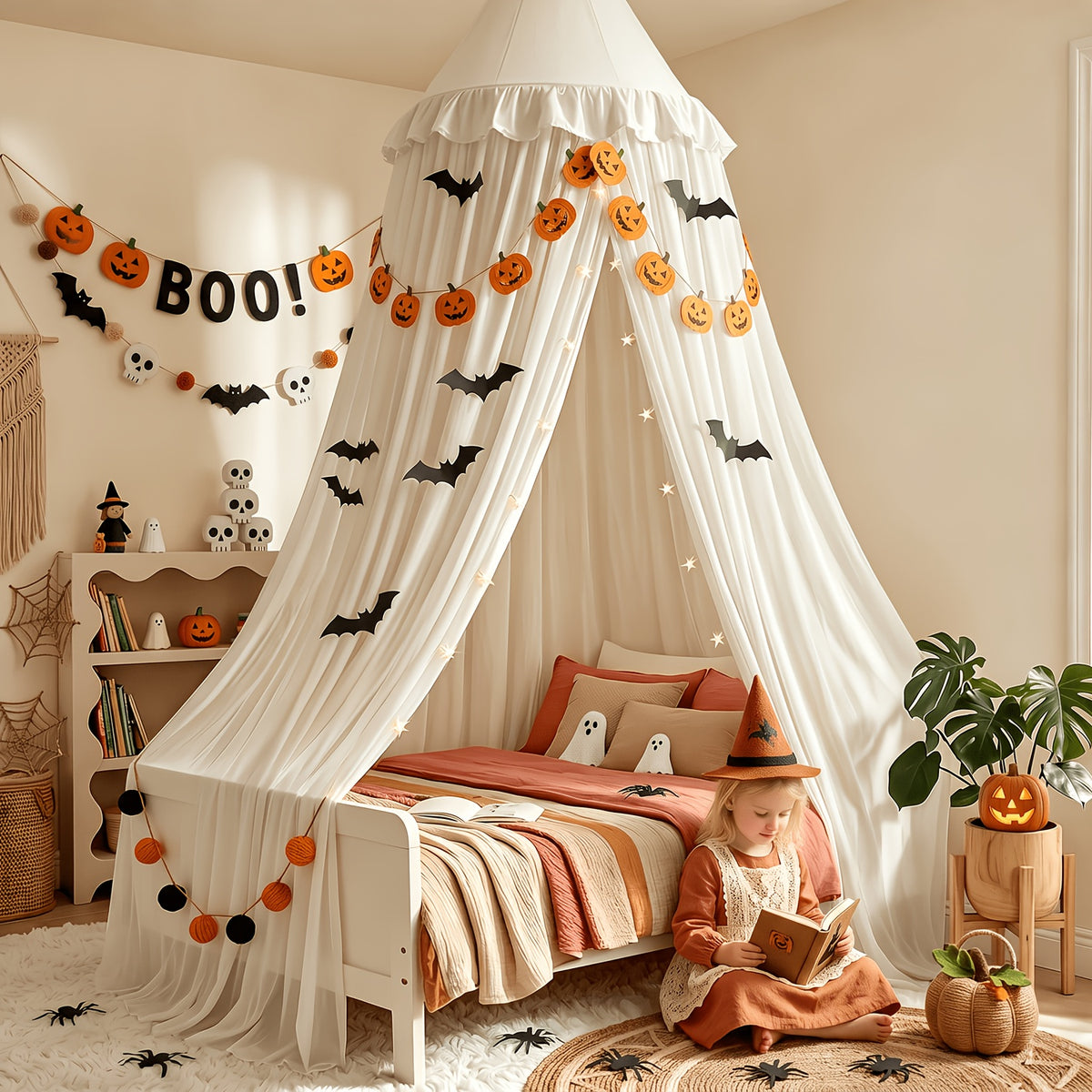 Princess Bed Canopy Tent with Star Night Light, Hammock Style Kids Bed Curtain Dome Mosquito Net, Double Layer Dustproof Breathable Reading Nook Drape for Toddler and Adult Beds, Machine Washable, White Pink Purple