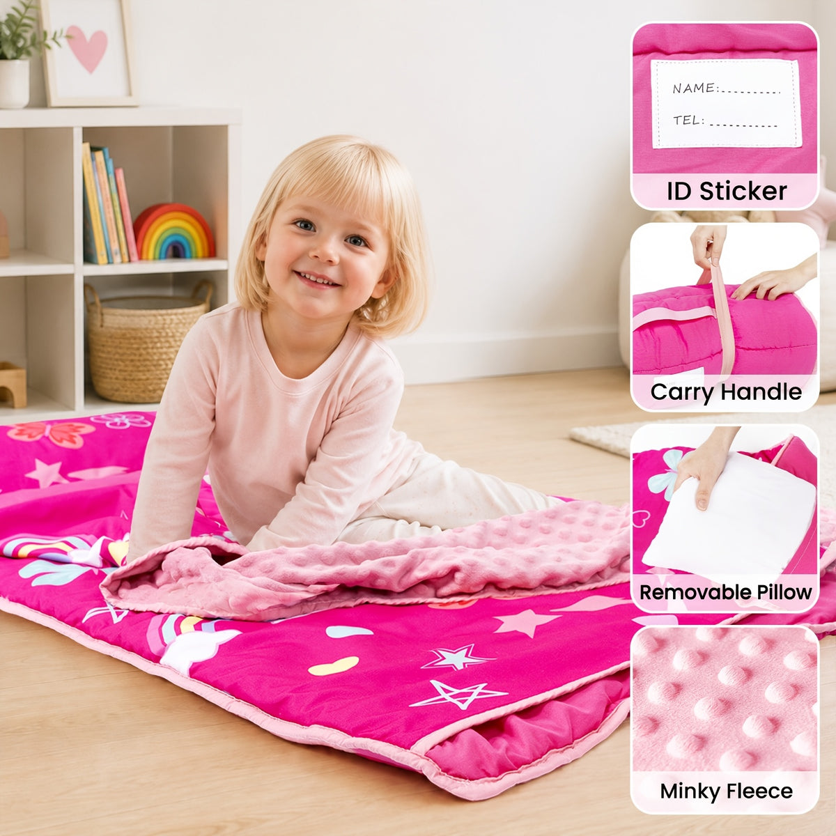 Portable Nap Mat for Preschool and Daycare by Primlect, Foldable Minky Dot Rest Mat with Built-In Pillow and Machine-Washable Design for Kids
