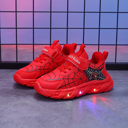 Boys LED Light-Up Mesh Sneakers with Spider-Inspired Design, Red Blue or Black Casual Running Shoes for Toddler, Little Kid and Big Kid Sizes