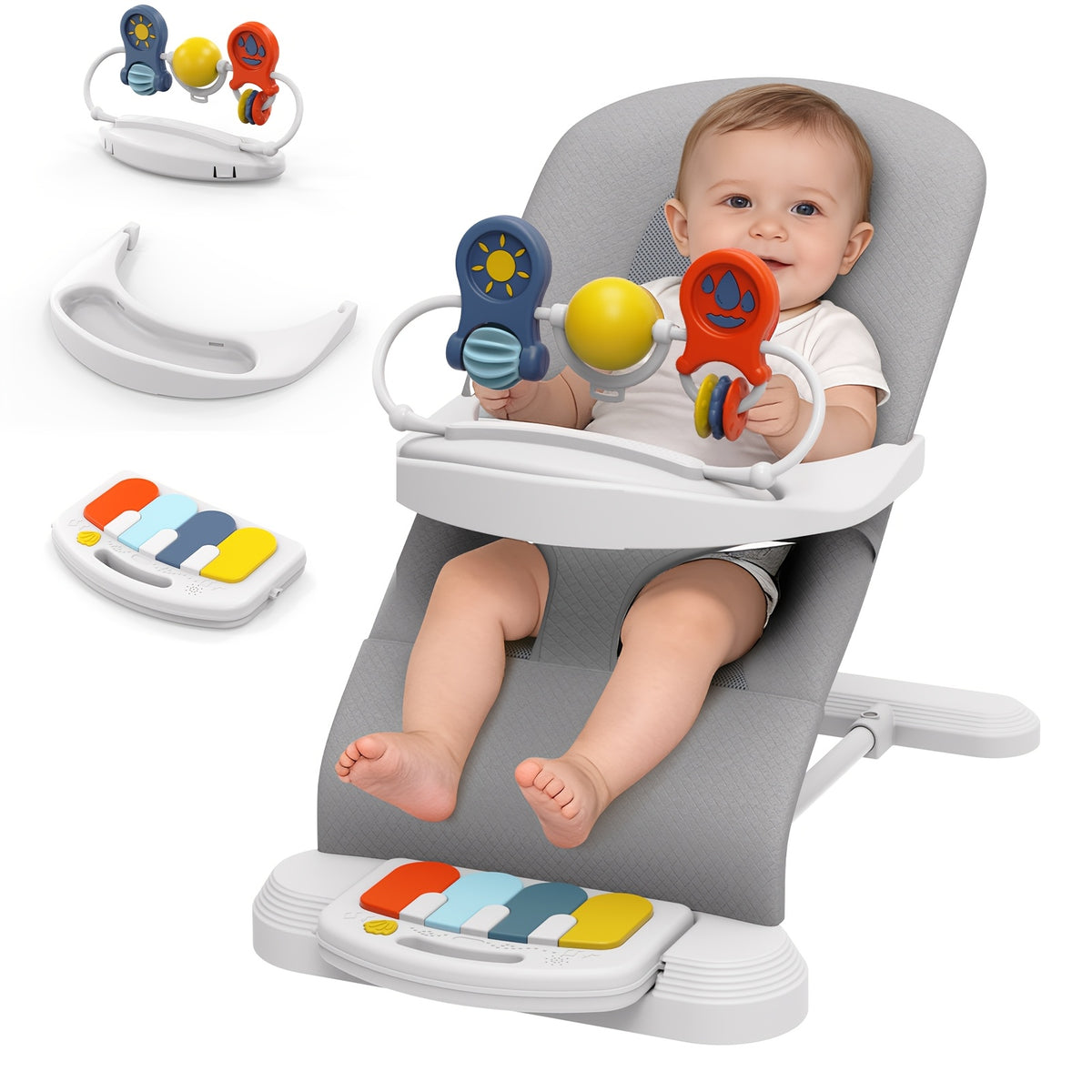 Piano Baby Bouncer and Rocker, 3-in-1 Portable Seat with Detachable Keyboard, Feeding Tray, Play Bar and Three Adjustable Incline Positions