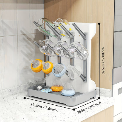 Space-Saving Bottle Drying Rack with Vertical Bottle Holders and Drip-Through Top Accessory Tray, Countertop Organizer for Baby Feeding Supplies