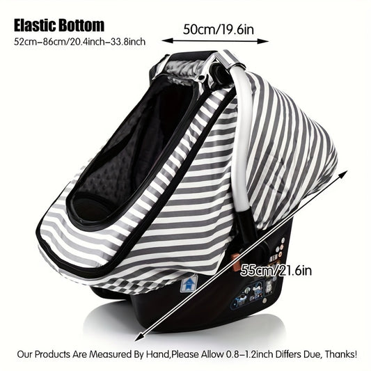 Infant Car Seat Canopy with Fleece Lining and Mesh Peek Window, Grey Striped Baby Carrier Cover for Outdoor Trips, Wind-Resistant Kick-Resistant Design