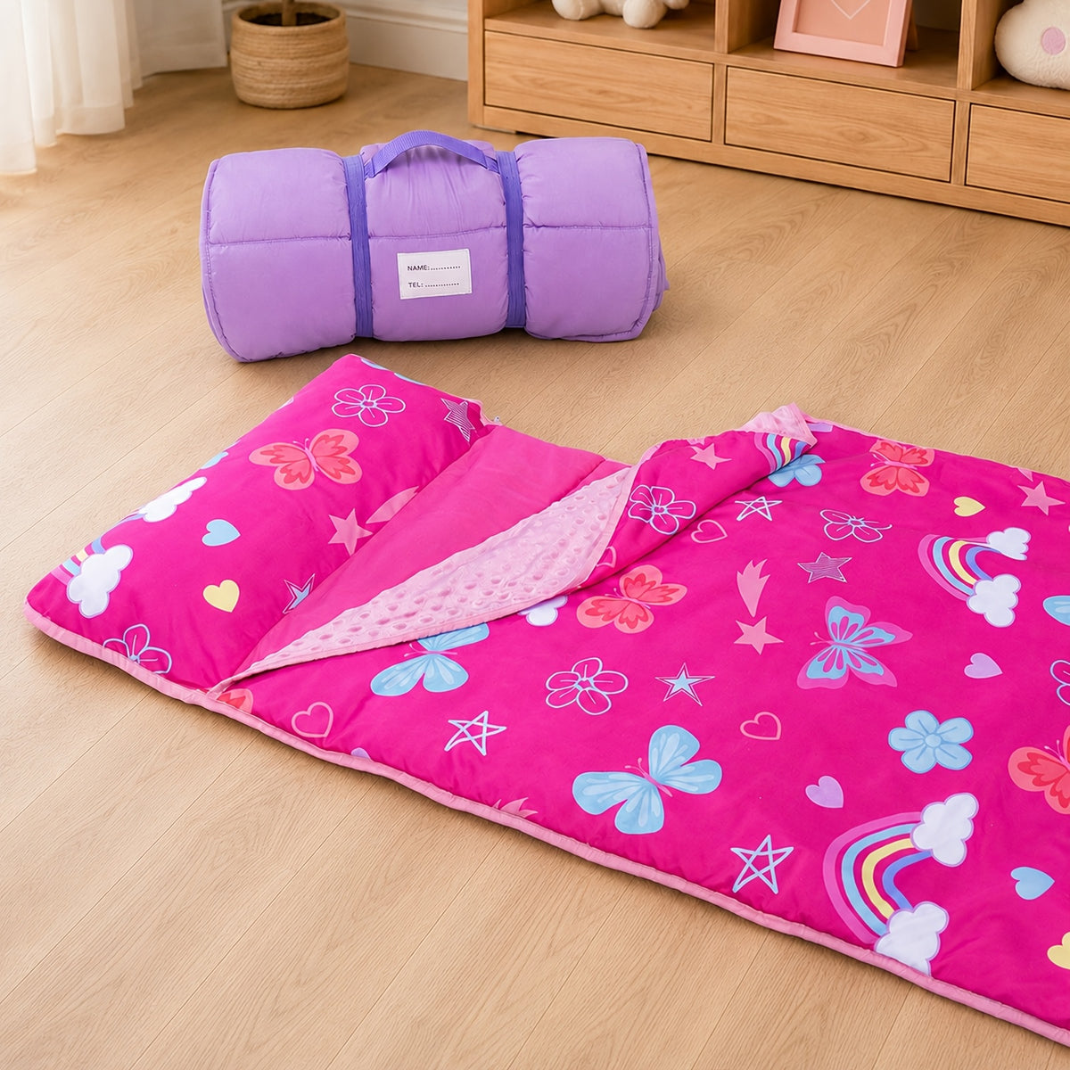 Portable Nap Mat for Preschool and Daycare by Primlect, Foldable Minky Dot Rest Mat with Built-In Pillow and Machine-Washable Design for Kids