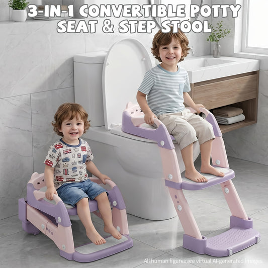 Height Adjustable 3-in-1 Potty Training Chair, Toilet Seat and Step Stool for Toddlers, Foldable Kids Potty with Splash Guard and Anti-Slip Steps for Boys and Girls