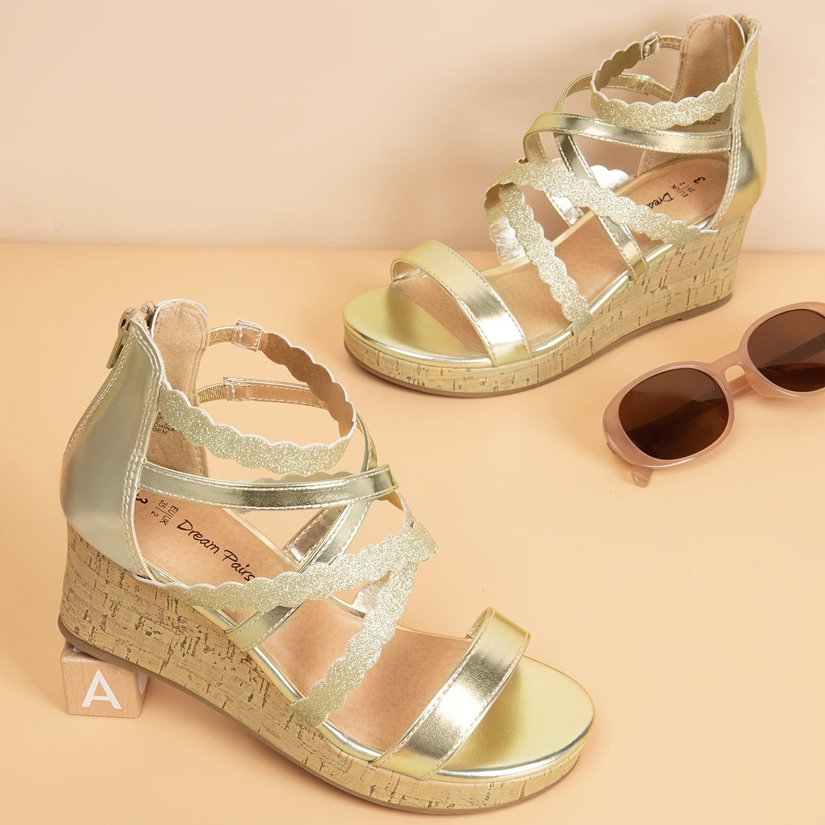 Girls Wedge Dress Sandals with Flower Detail and Shimmering Straps, Open Toe Zip-Back Party and Wedding Shoes for Little Kids and Big Kids