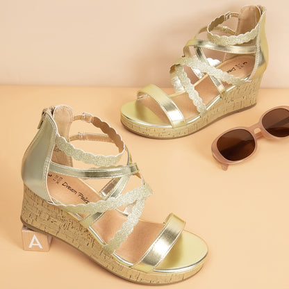 Girls Wedge Dress Sandals with Flower Detail and Shimmering Straps, Open Toe Zip-Back Party and Wedding Shoes for Little Kids and Big Kids