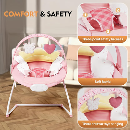 Foldable Infant Bouncer Seat with Hanging Toy Arch, Pink Crown or Green Crocodile Design for Supervised Awake Play, Listed Up to 20 lbs