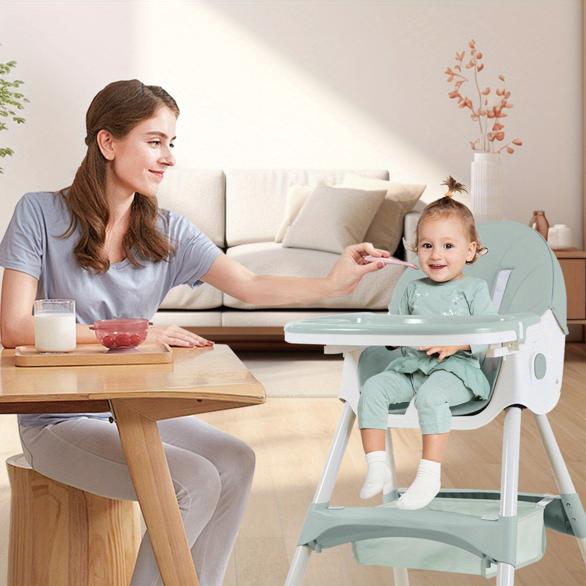 Foldable Baby High Chair with Removable Tray, Portable Dining Seat for Baby Mealtimes, Space-Saving Feeding Chair in Pink, Green or Khaki