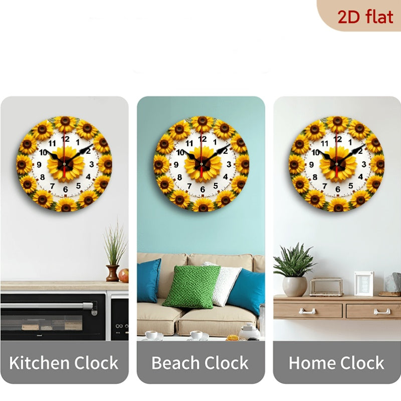 Sunflower Nursery Wall Clock, 10 x 10 Inch Silent Non-Ticking Battery Clock with Wood Frame for Baby Room, Bedroom or Playroom Decor