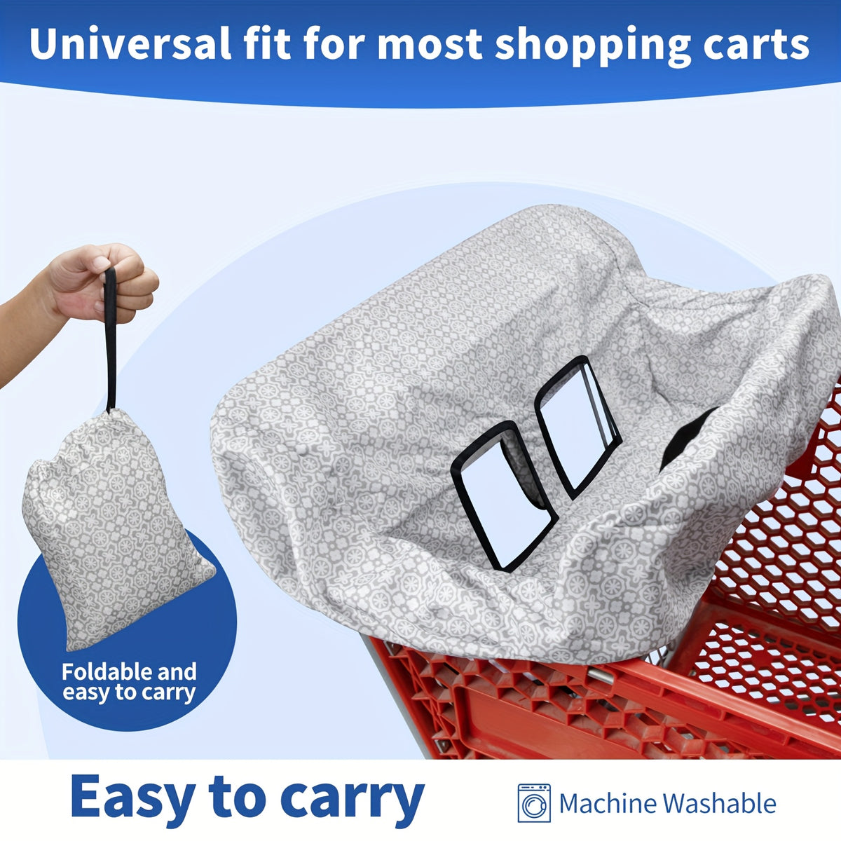 Padded Baby High Chair and Shopping Cart Seat Cover, Machine-Washable Portable Cushion with Attached Storage Bag in Grey Flower or Blue Owl